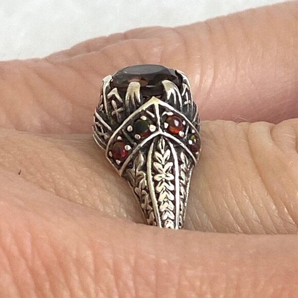 Sterling Silver 925 Dainty Round Smoky Quartz & Opal Accent Ring MISSING STONE - Picture 6 of 16